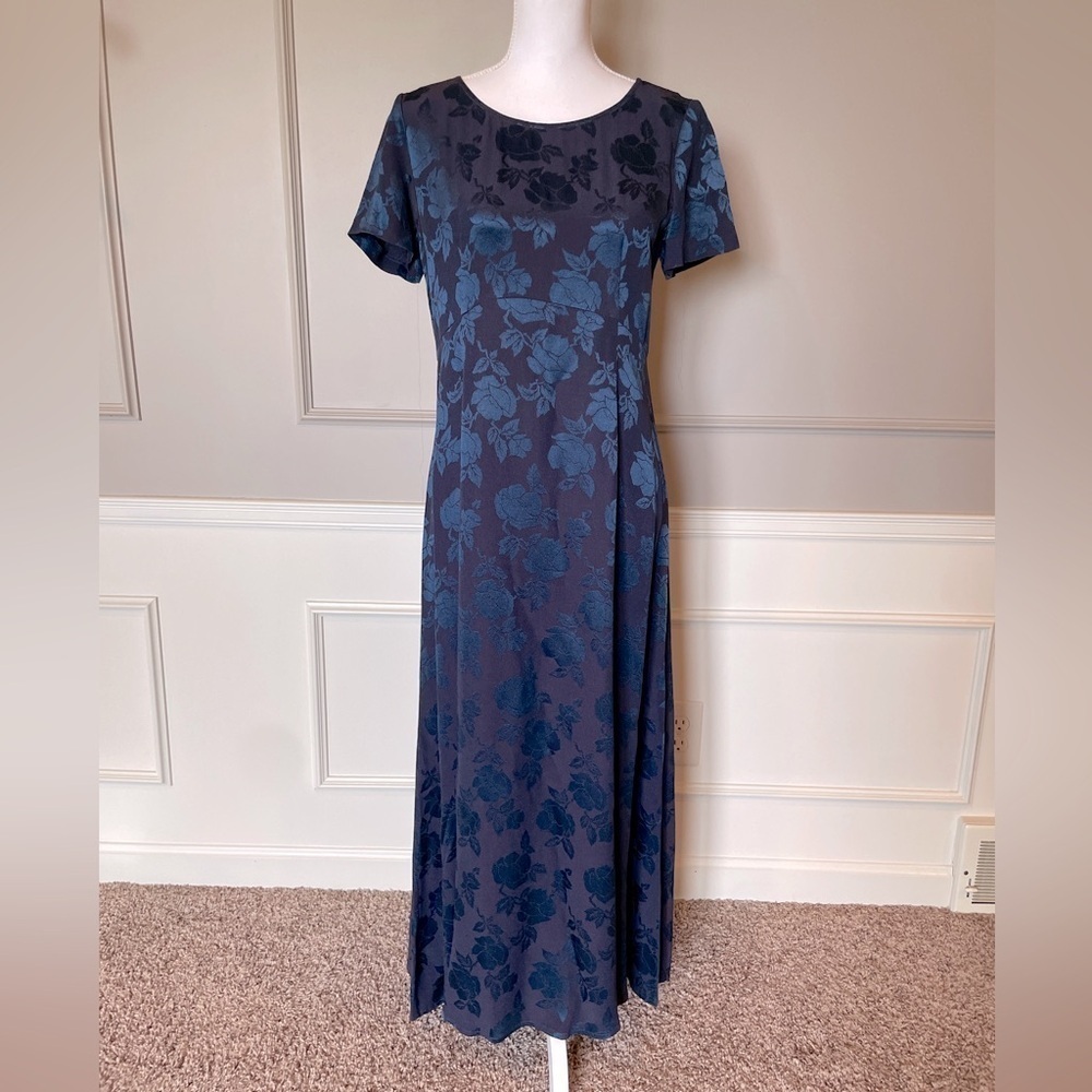 Vintage Laura Ashley long dress 8 jacquard acetate floral navy sheen tea 90s Y2K - Picture 1 of 5